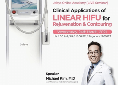 live seminar poster for clinical applications of linear hifu for rejuvenation & contouring with dr kim as speaker