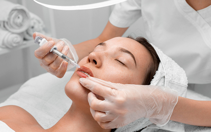 Medical professional administering dermal filler injection to the lips.