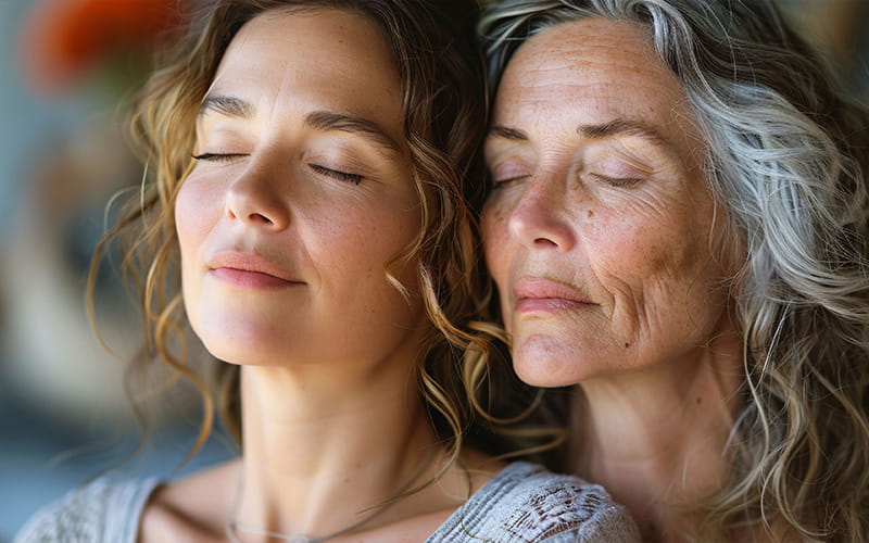 Woman and mature woman with eyes closed, representing ageing skin and aesthetic wellness