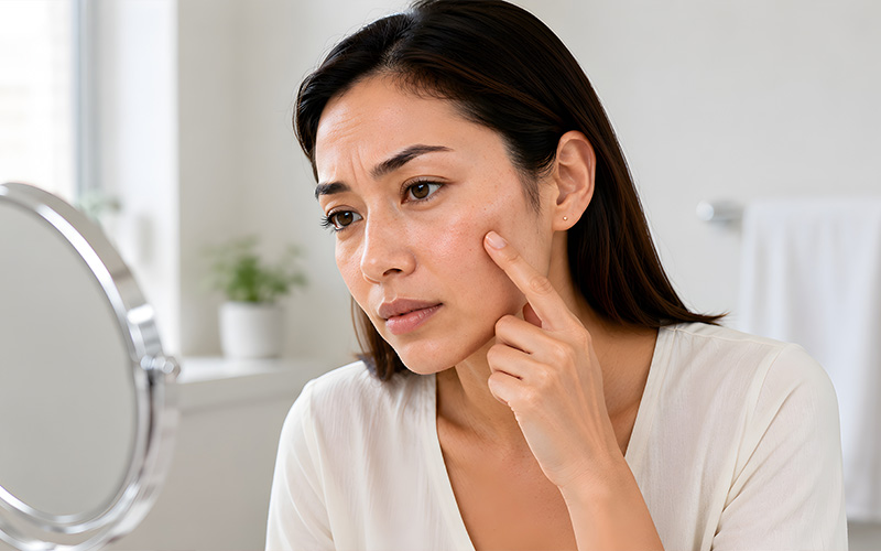 Mature woman looking concerned with her skin.