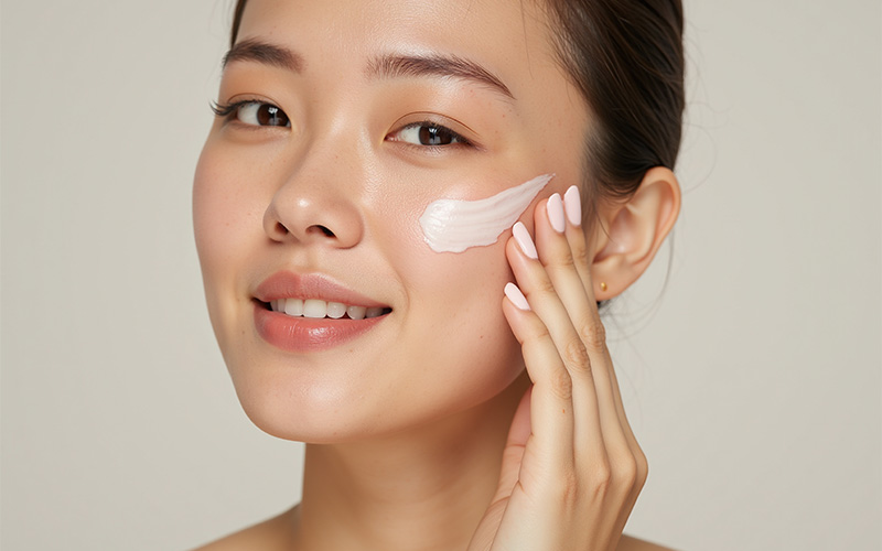 Woman applying skin cream to her cheek.