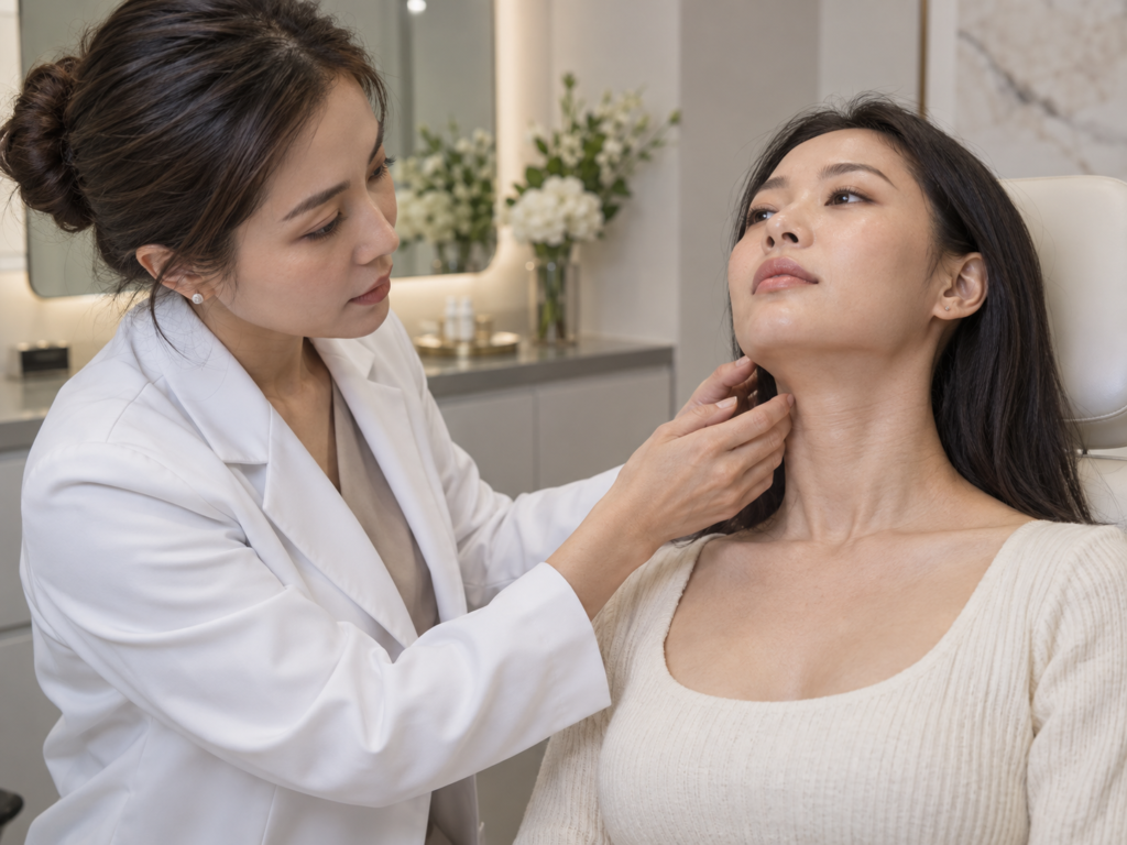 Aesthetic doctor assessing patient's neck
