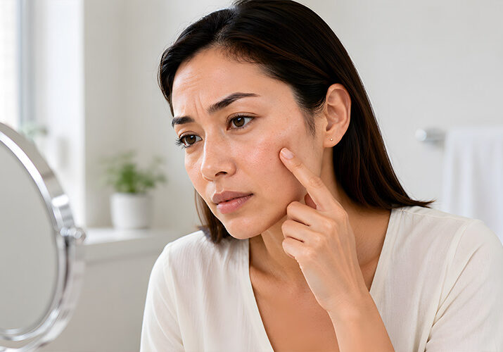 Mature woman looking concerned with her skin.